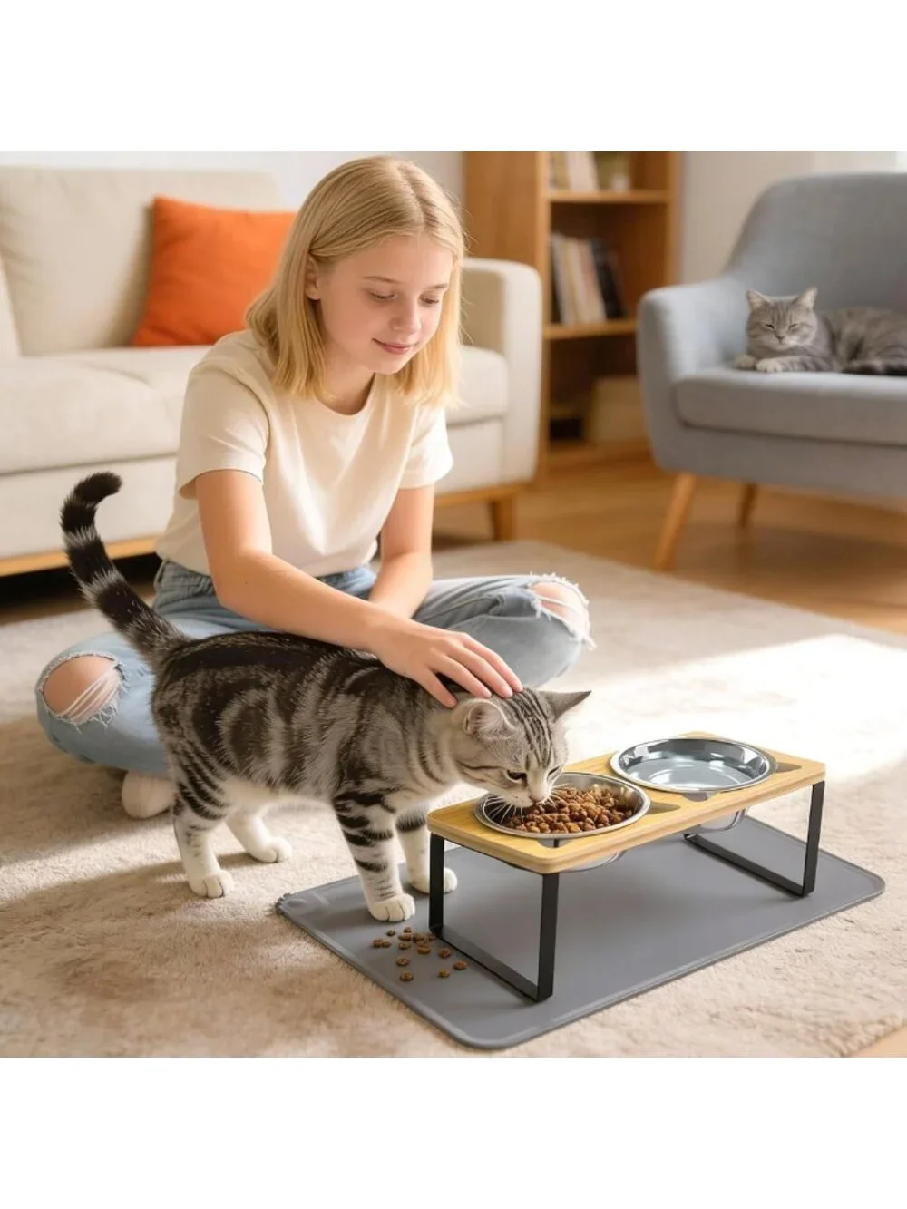 Elevated Stainless Steel Cat Bowls with Mat - Anti-Vomiting, Whisker Fatigue